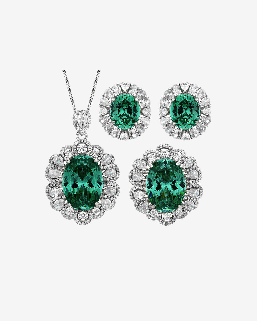 ZIRAVE Jewelry Oval Faux Green Paraiba Tourmaline Halo 3-Piece Jewelry Set (Necklace, Ring & Earrings)
