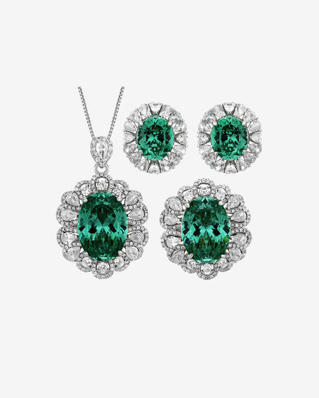 ZIRAVE Jewelry Oval Faux Green Paraiba Tourmaline Halo 3-Piece Jewelry Set (Necklace, Ring & Earrings)