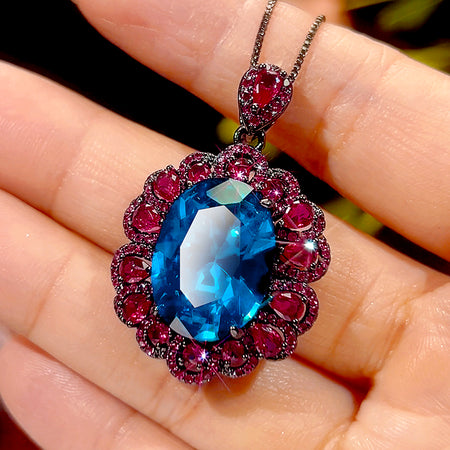 ZIRAVE Jewelry Oval Faux Green Paraiba Tourmaline Halo Necklace