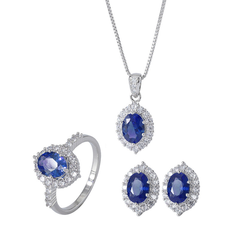 ZIRAVE Jewelry Oval-Cut Simulated Sapphire Jewelry Set (Necklace + Ring + Earrings)