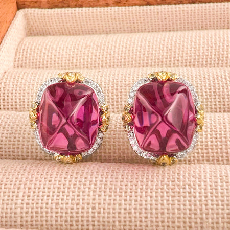 ZIRAVE Jewelry Vintage Pink Sugarloaf Two-Tone Gold Halo Earrings