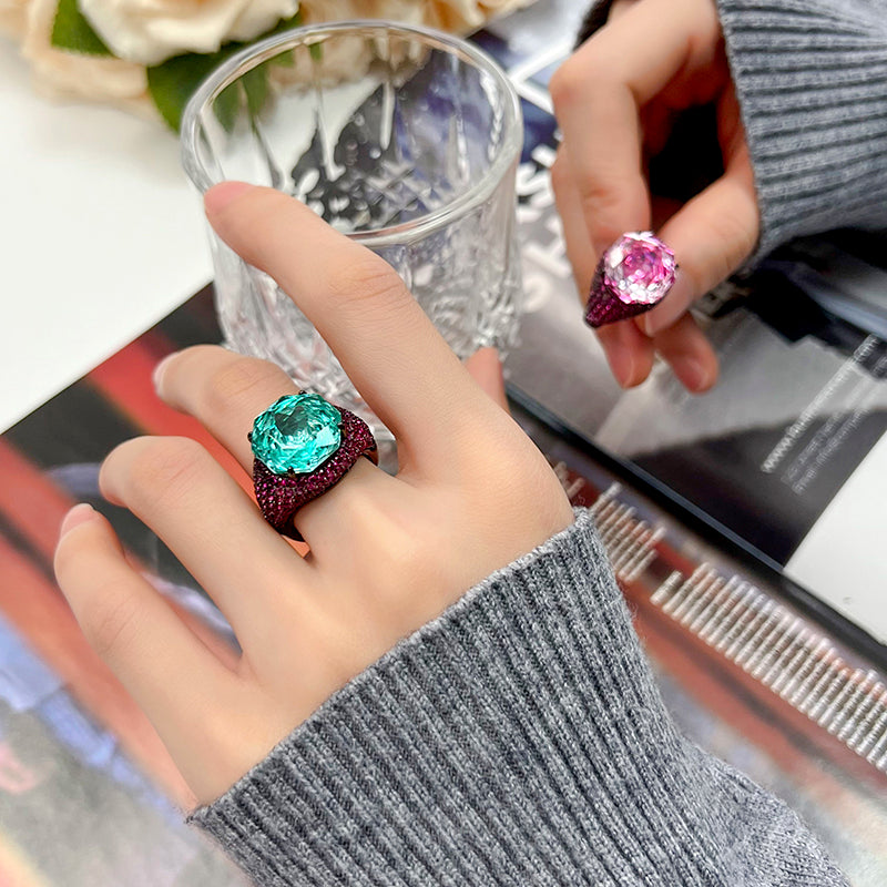 ZIRAVE Jewelry Dark Style Rose-Cut Faux Gem Pave Ring (Multi-Colors Available)