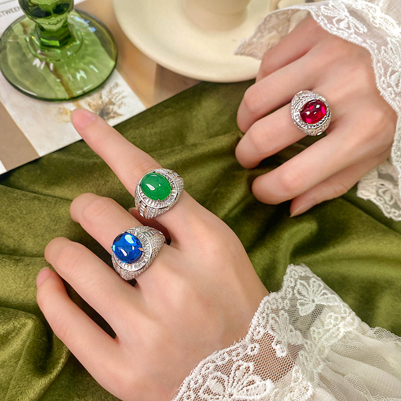 ZIRAVE Jewelry Imitation Blue Spinel Cabochon Fluorescent Vintage Ring