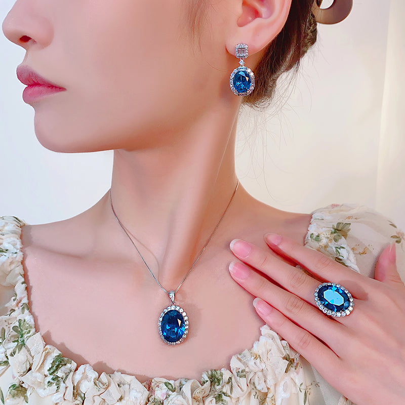 ZIRAVE Jewelry Oval Sapphire Simulant Halo Nicklace
