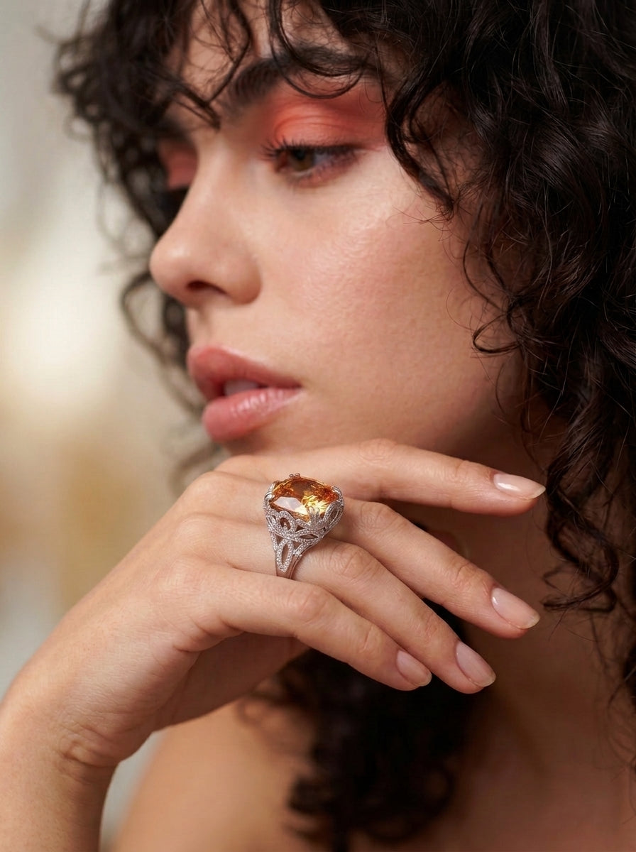 ZIRAVE Jewelry Cushion-Cut Gemstone Hollow Carved Adjustable Ring (Multi-Color Options)