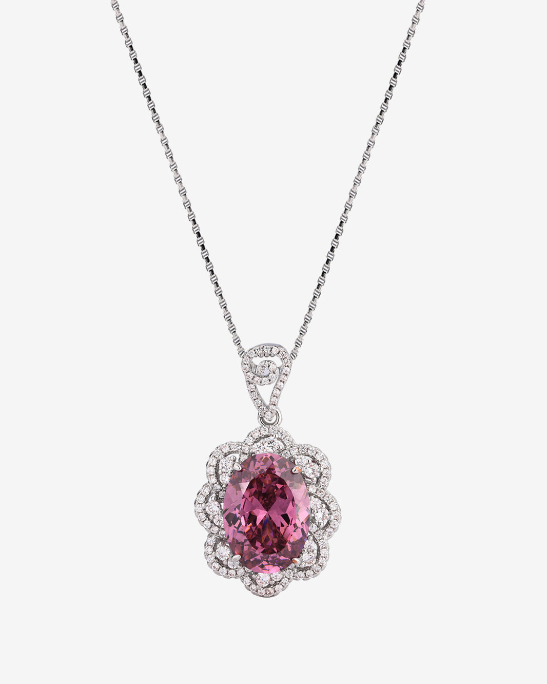 ZIRAVE Jewelry Oval Faux Pink Diamond Double Halo Necklace