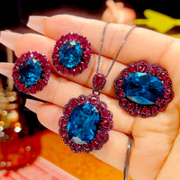 ZIRAVE Jewelry Oval Faux Green Paraiba Tourmaline Halo 3-Piece Jewelry Set (Necklace, Ring & Earrings)