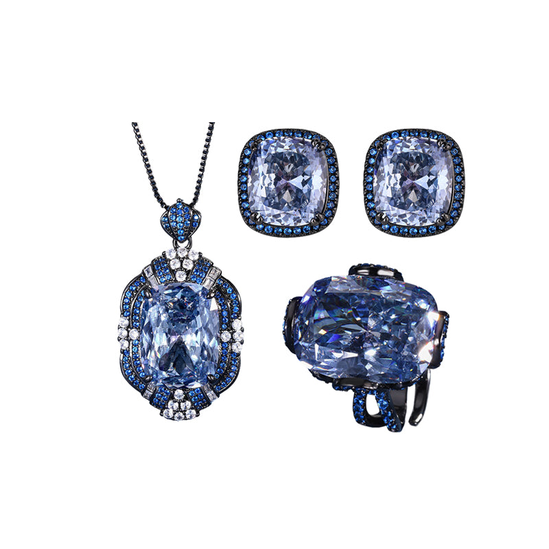 ZIRAVE Jewelry Black & Gold Two-Tone Blue & White Diamond Halo 3-Piece Jewelry Set