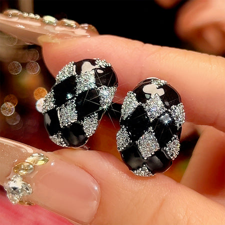 Zirave Jewelry Black Enamel Rhombus Zircon Jewelry Collection, Earring &amp; Open Ring