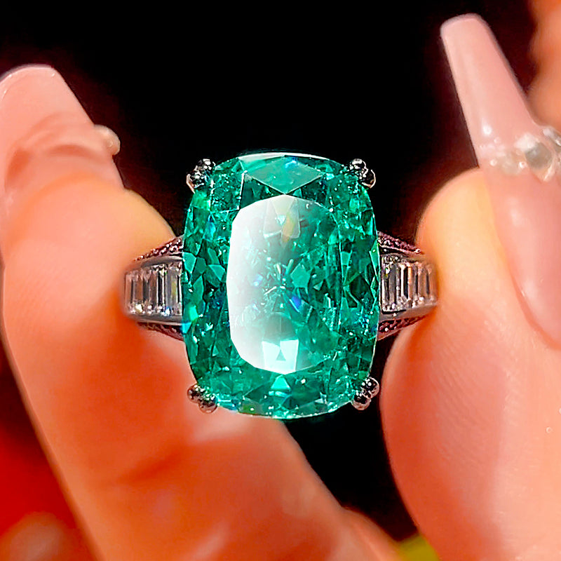 ZIRAVE Jewelry Black Gold Paraiba Color Cushion-Cut Emerald Simulant Ring