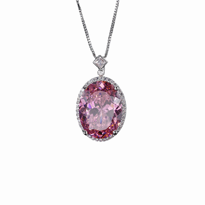 ZIRAVE Jewelry Oval Faux Pink Diamond Double Halo Necklace