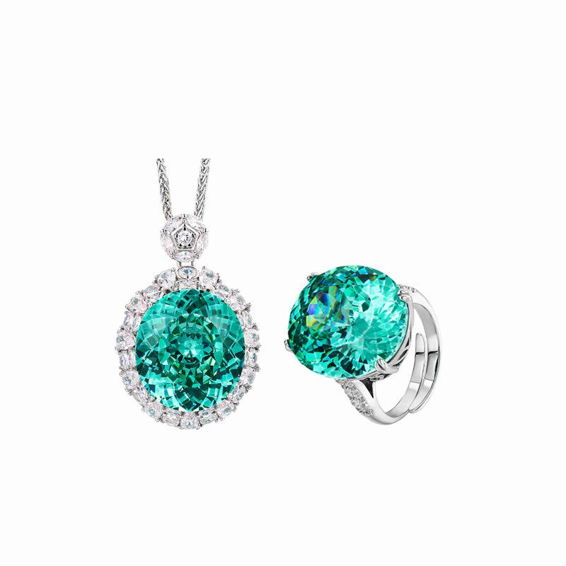 ZIRAVE Jewelry Vintage Simulated Paraiba Tourmaline Oval Jewelry Set (Pendant + Ring)