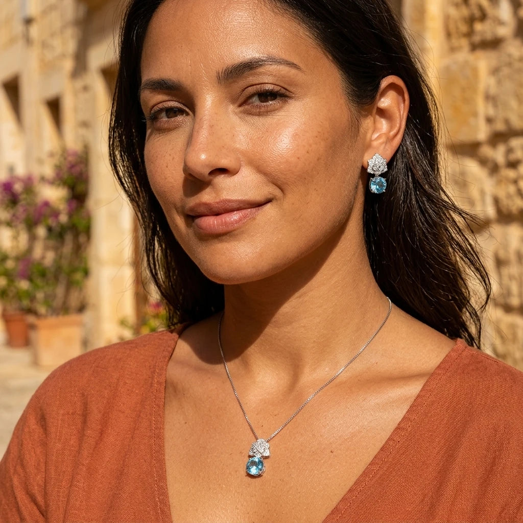 ZIRAVE Jewelry Imitation Rose Ocean Blue Sapphire Pendant Earrings
