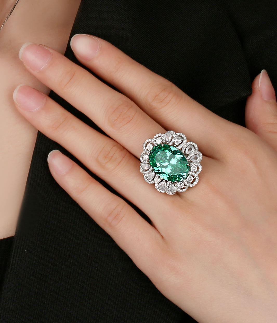 ZIRAVE Jewelry Oval Faux Green Paraiba Tourmaline Halo Ring