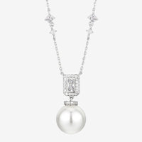ZIRAVE Jewelry Square-Cut Diamond Clasp Pearl Necklace