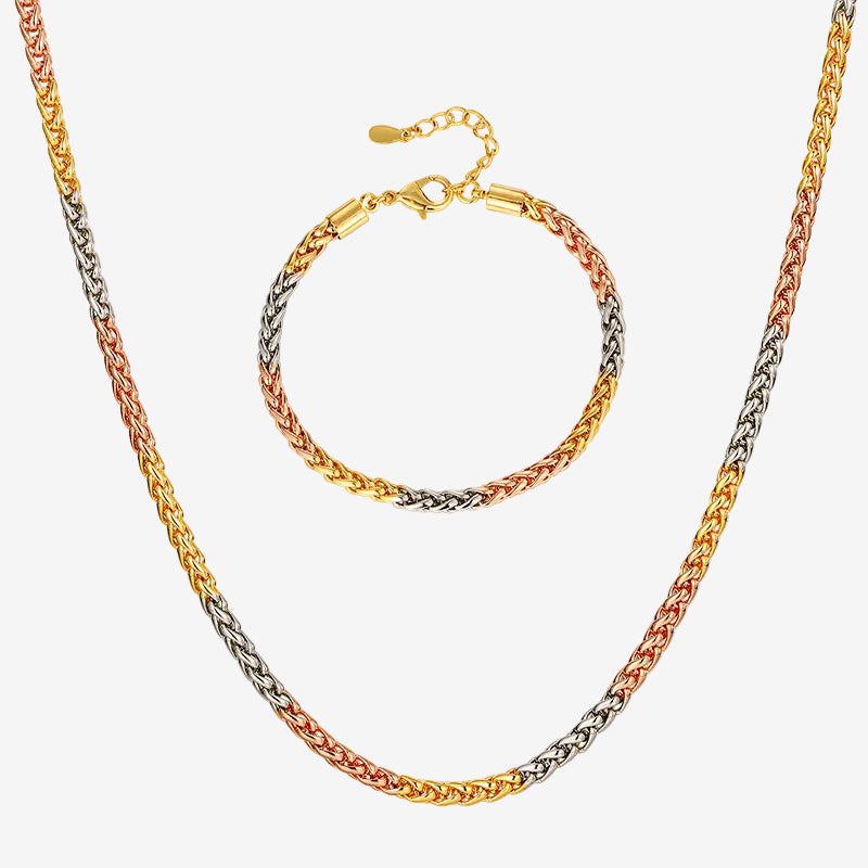 ZIRAVE Jewelry Tri‑Color Braided Wheat Chain Necklace & Bracelet Jewelry Set