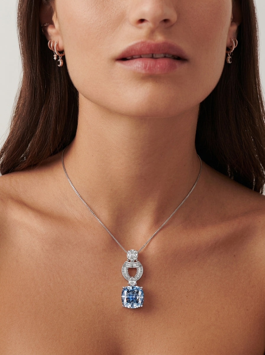 ZIRAVE Jewelry Vintage Simulated Blue Diamond Cushion Nicklace