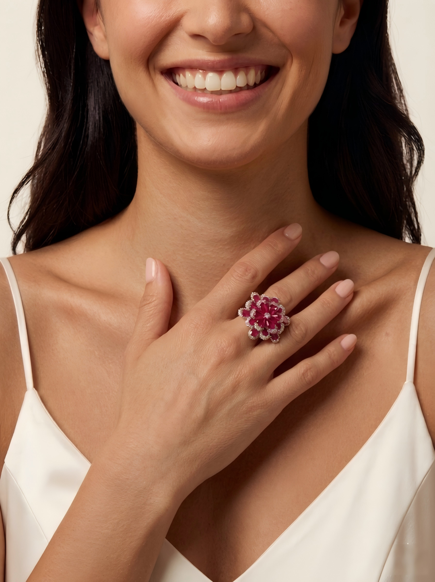 ZIRAVE Jewelry Imitation Ruby Eternal Flower High-end Luxury Gift Ring