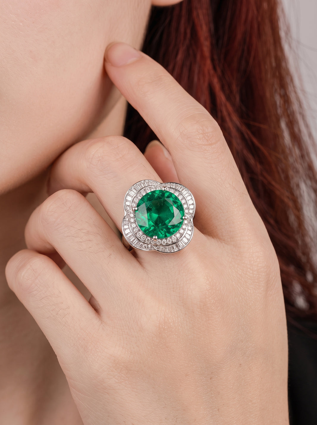 ZIRAVE Jewelry Emerald-Style Clover Halo Ring