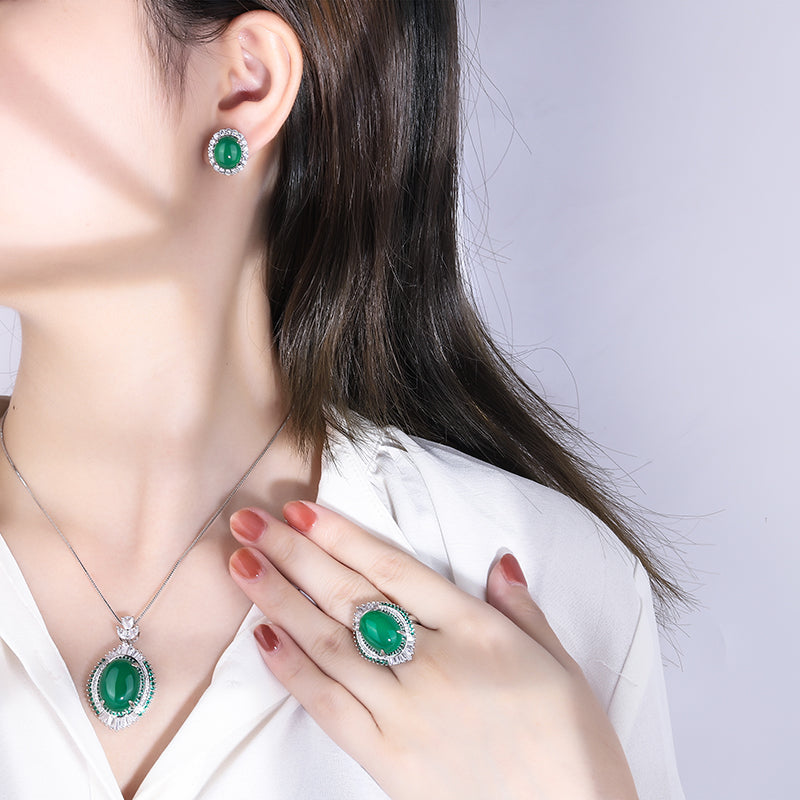 ZIRAVE Jewelry Cabochon Green Agate Simulant Nacklace