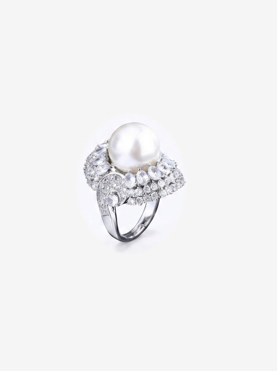 ZIRAVE Jewelry Copper Platinum-Plated Imitation Pearl and Diamond Elegant Rings