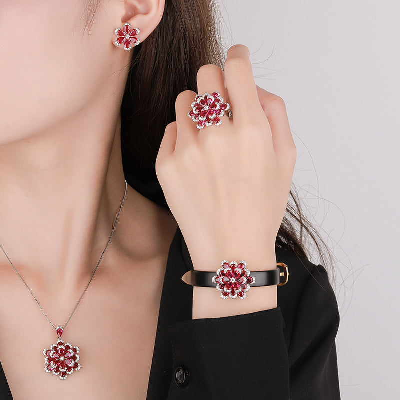 ZIRAVE Jewelry Imitation Ruby Eternal Flower High-end Luxury Gift Earrings