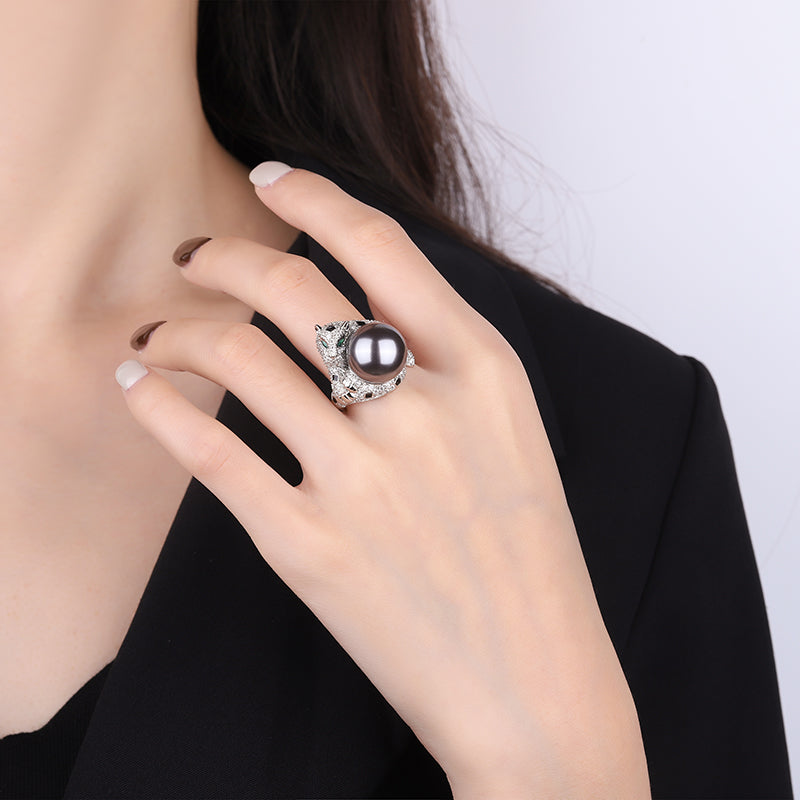 ZIRAVE Jewelry Panther Head Pearl Adjustable Ring (Two Color Options)