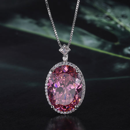 ZIRAVE Jewelry Oval Faux Pink Diamond Double Halo Necklace