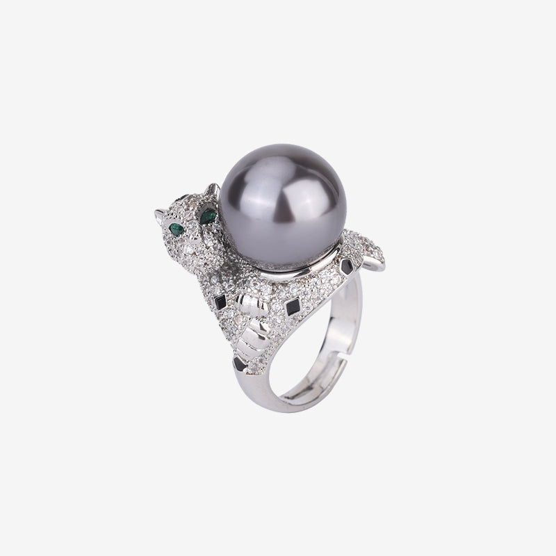 ZIRAVE Jewelry Panther Head Pearl Adjustable Ring (Two Color Options)