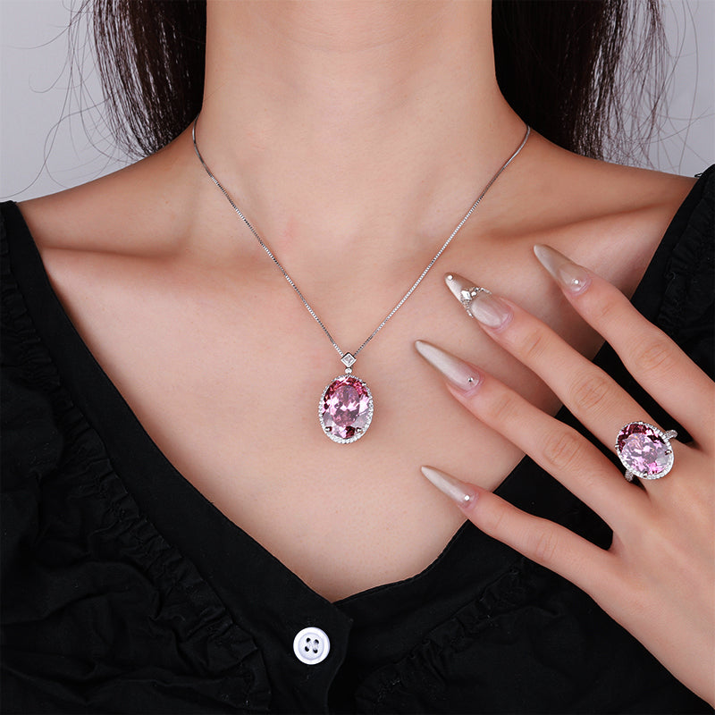 ZIRAVE Jewelry Oval Faux Pink Diamond Double Halo Necklace
