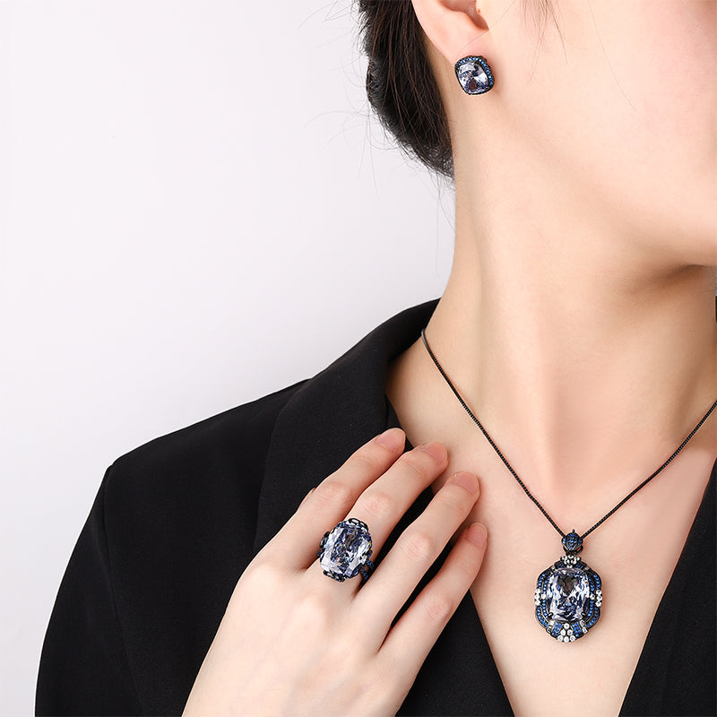 ZIRAVE Jewelry Black & Gold Two-Tone Blue & White Diamond Halo Earrings