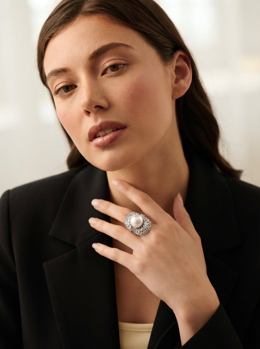 ZIRAVE Jewelry Copper Platinum-Plated Imitation Pearl and Diamond Elegant Rings