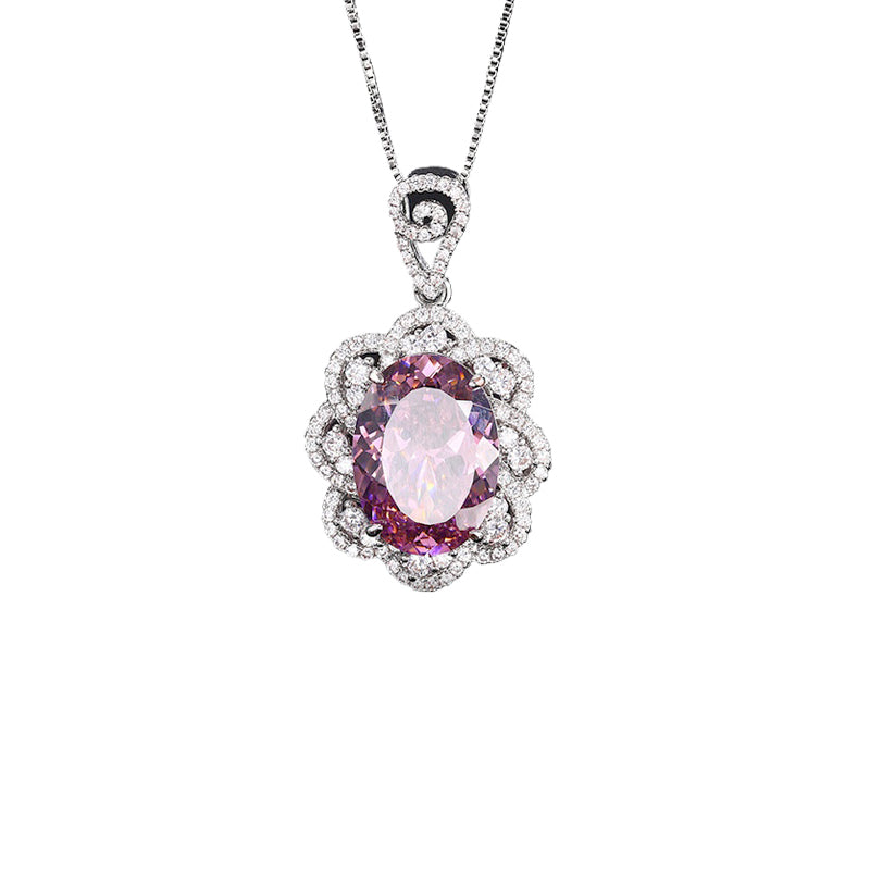 ZIRAVE Jewelry Oval Faux Pink Diamond Double Halo Necklace