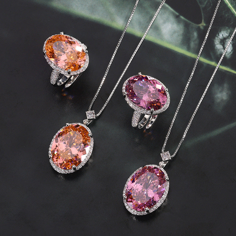 ZIRAVE JewelryOval Faux Pink Diamond Double Halo 2-Piece Jewelry Set (Necklace & Ring)
