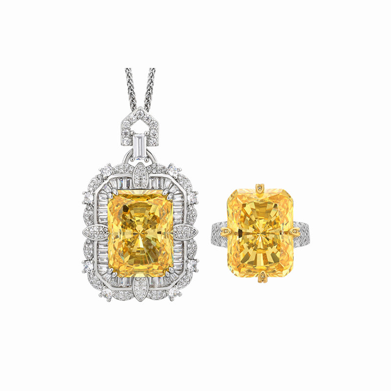 ZIRAVE Jewelry Radiant-Cut Faux Yellow Diamond Jewelry Set (Necklace & Ring)