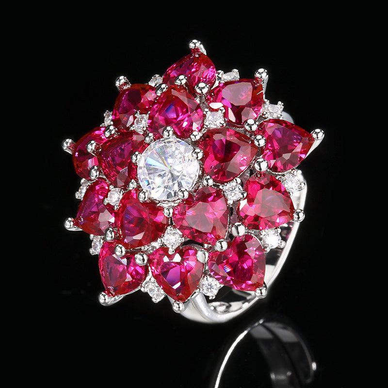 ZIRAVE Jewelry Vintage Simulated Ruby Flower Jewelry Set (Pendant + Ring + Earrings)