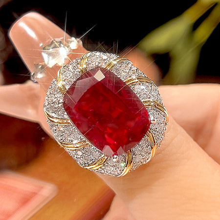 ZIRAVE Jewelry Two-Tone Faux Pigeon Blood Ruby Halo Ring