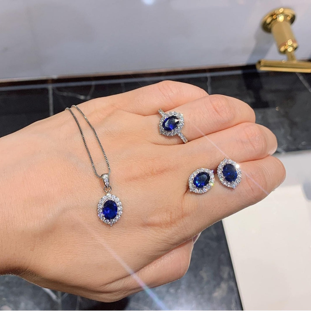 ZIRAVE Jewelry Oval-Cut Simulated Sapphire Jewelry Set (Necklace + Ring + Earrings)