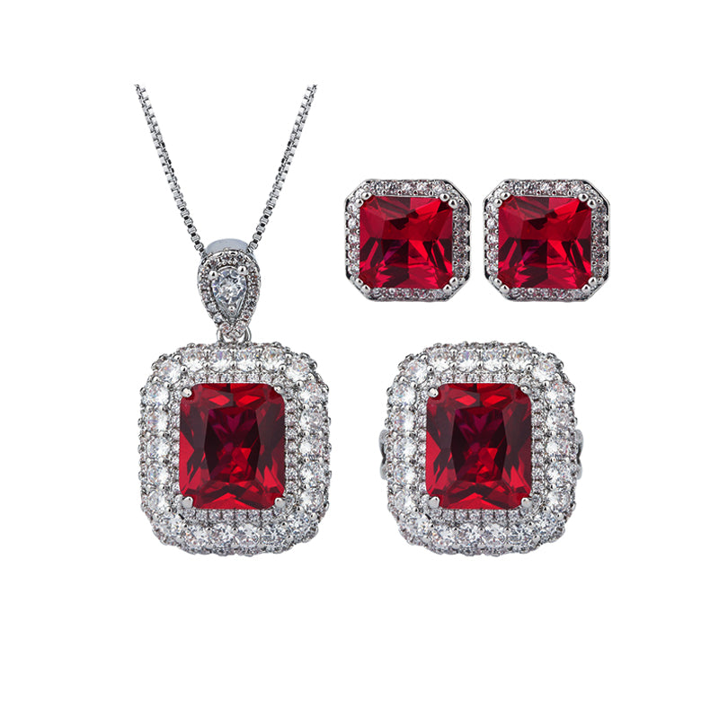 ZIRAVE Jewelry  3-Color Cushion-Cut Gemstone Double Halo Jewelry Set (Necklace + Ring + Earrings)