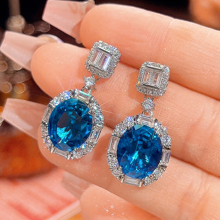 ZIRAVE Jewelry Oval Sapphire Simulant Halo Earrings