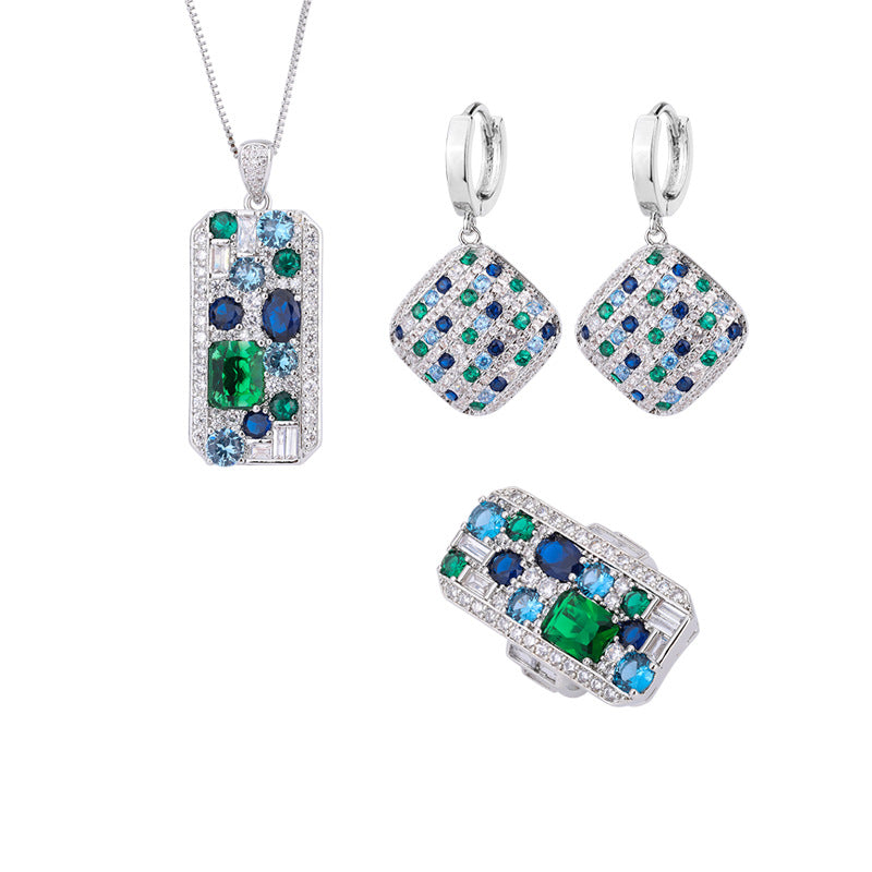 ZIRAVE jewelry simulation color treasure large square color matching diamond jewelry set