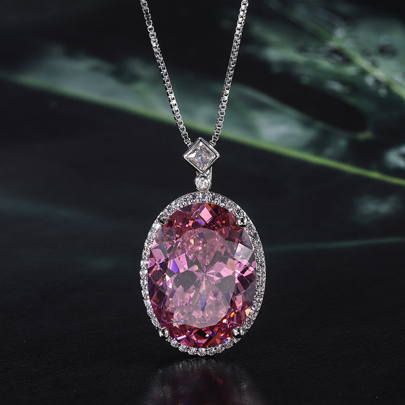 ZIRAVE Jewelry Oval Faux Pink Diamond Double Halo Necklace