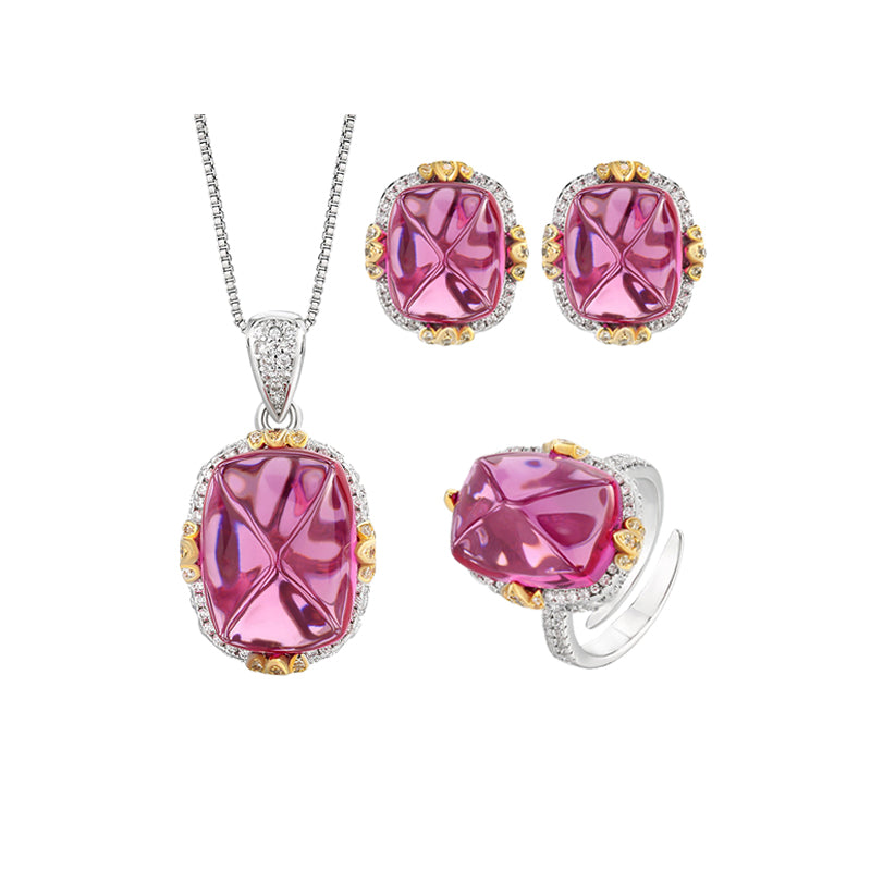 ZIRAVE Jewelry Vintage Pink Sugarloaf Two-Tone Gold Halo Jewelry Set