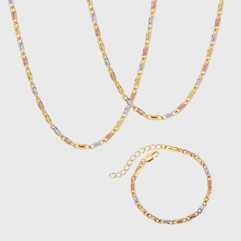 ZIRAVEJewelry Tri-Color Copper Gold Plated Slim Paperclip Chain Adjustable Set