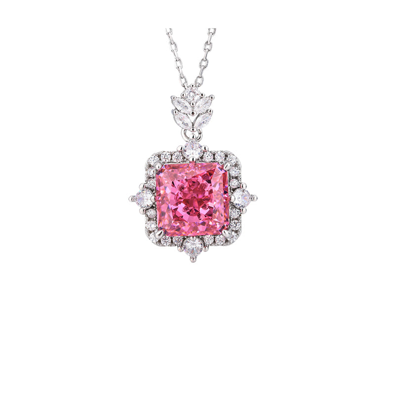 ZIRAVE Jewelry Princess-Cut Simulated Pink Diamond Halo Necklace
