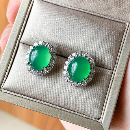 ZIRAVE Jewelry Cabochon Green Agate Simulant Earrings