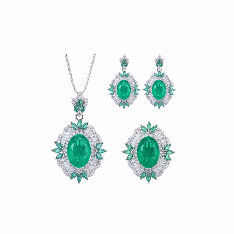 Vintage Simulated Emerald Floral Halo Jewelry Set (Nicklacet + Ring + Earrings)