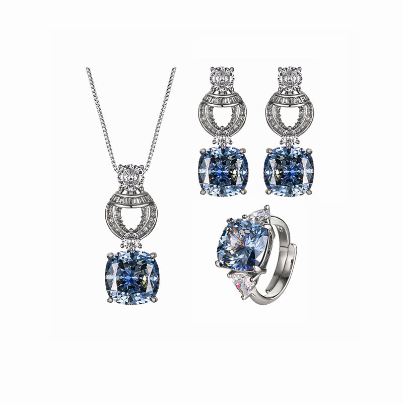 ZIRAVE Jewelry Vintage Simulated Blue Diamond Cushion Jewelry Set (Pendant + Ring + Earrings)