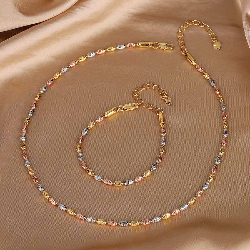ZIRAVEJewelry Tri-Color Copper Gold Plated Textured Rice Bead Thin Chain Adjustable Set