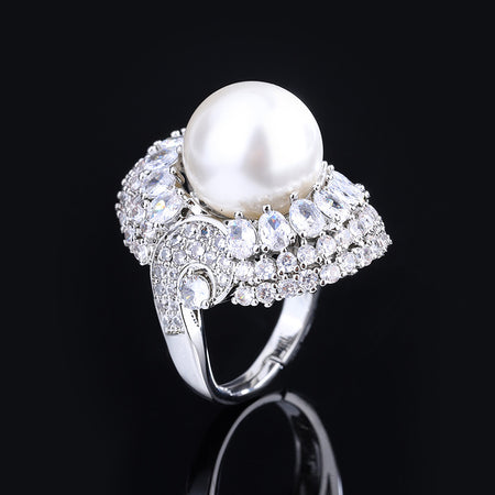 ZIRAVE Jewelry Copper Platinum-Plated Imitation Pearl and Diamond Elegant Rings